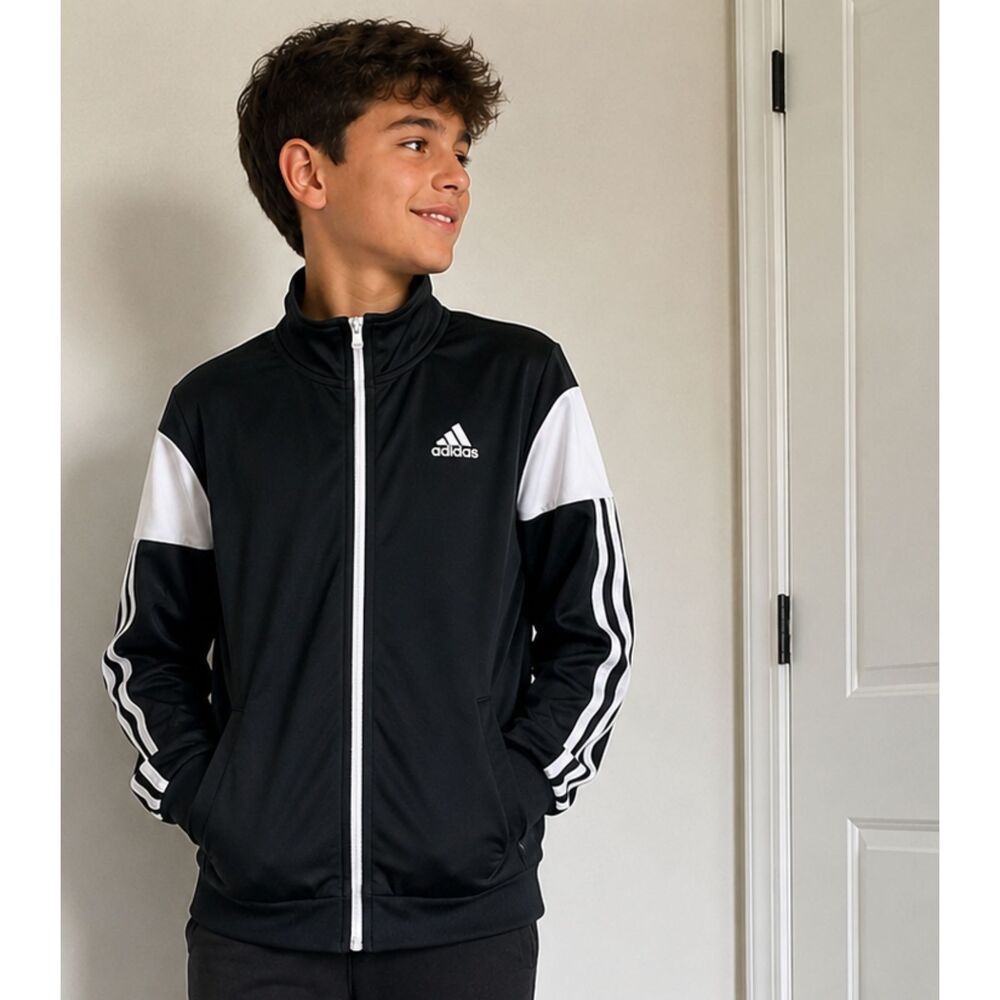 Adidas Kids Black & White Track Jacket Full Zip Athletic Sports Size Large 14/16